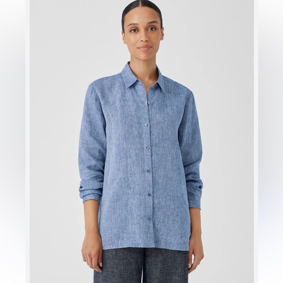 Eileen Fisher Tops - $169 Eileen Fisher Yarn-Dyed Handkerchief Organic Linen Shirt size large blue
